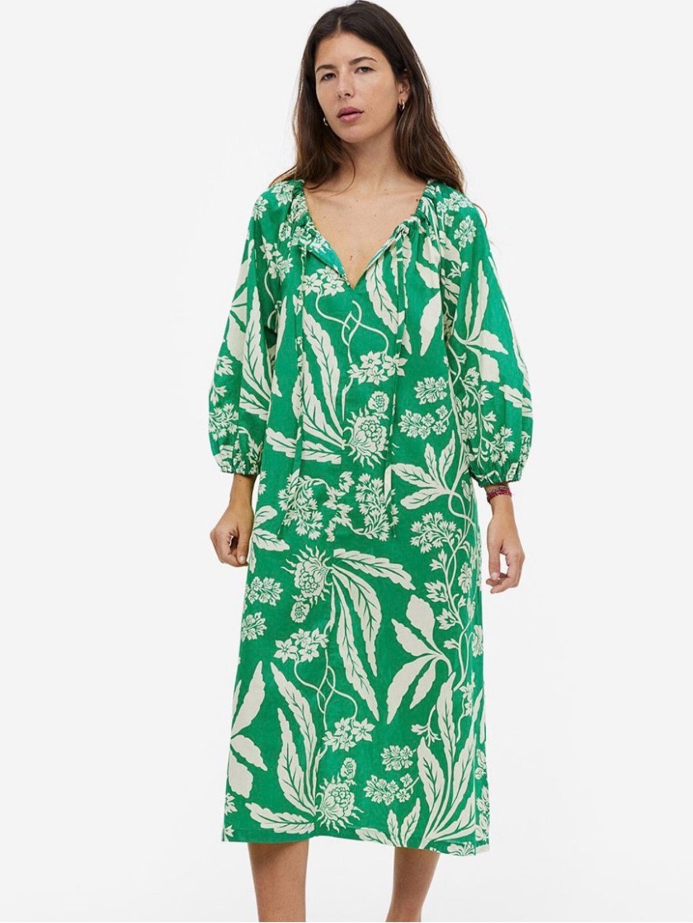 H&M Green Floral V-Neck Midi Dress